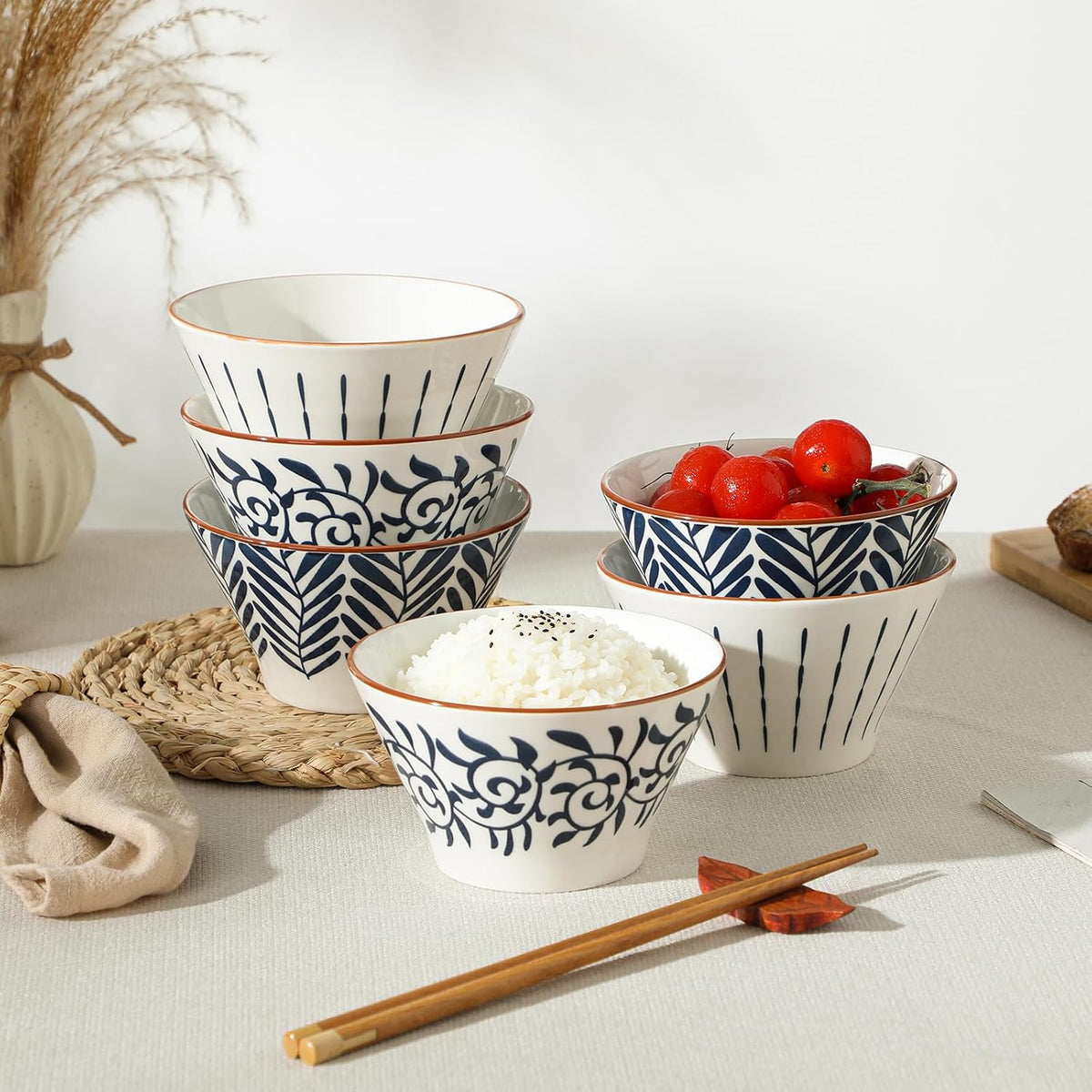 Rice Bowls,14oz Ceramic Bowl Set for 6,Miso Soup Bowls,Cute Bowls,Serving Bowls for Soup,Dessert,Snack,Fruit (Blue&White