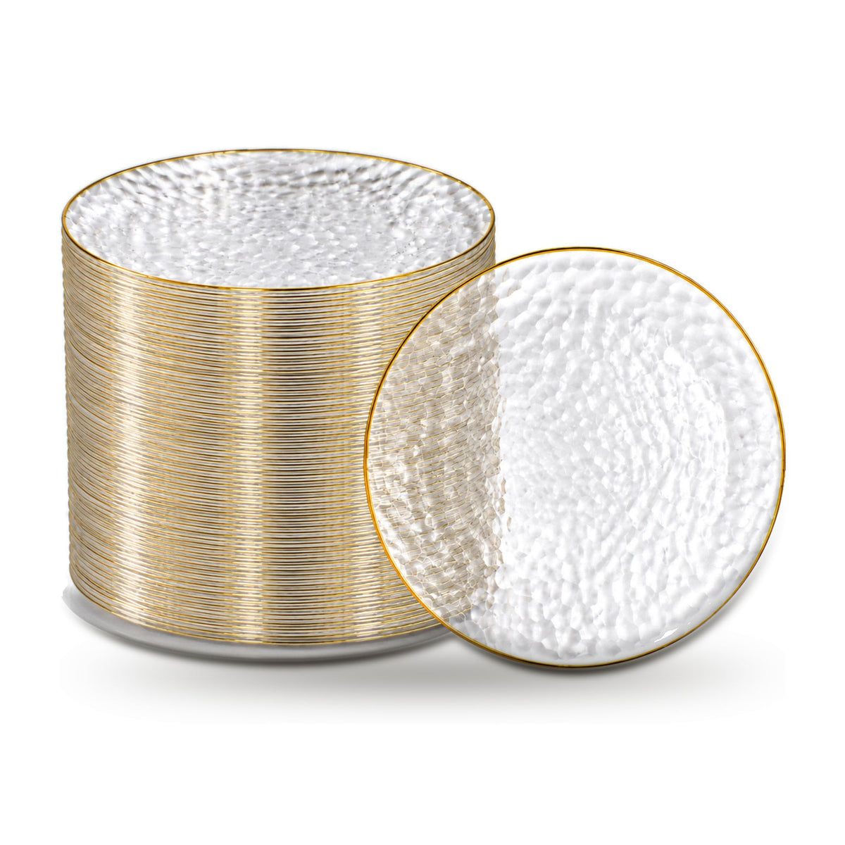 R-kay 100 Pack 7 Inch Clear Plastic Plates - Hammered Gold Rimmed Sturdy, Durable And Extra Heavy duty Gold Plastic Dessert, Appetizer Plates Disposable For All Occasions
