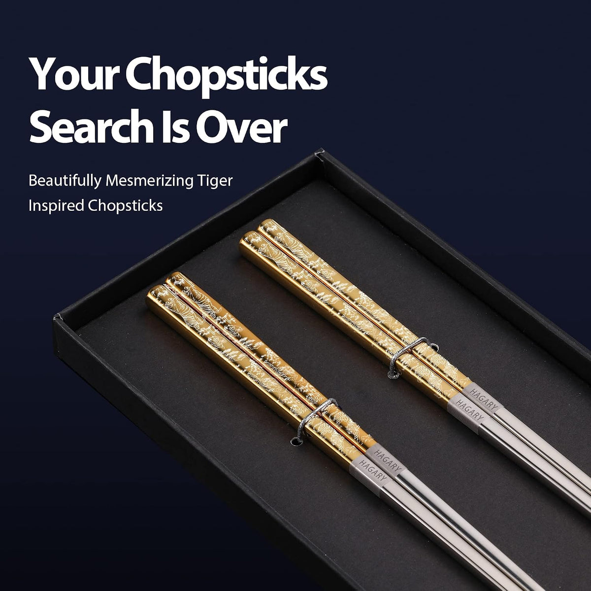 Hagary Tiger Chopsticks Metal Chopsticks Reusable (Gold - 2 Pairs)