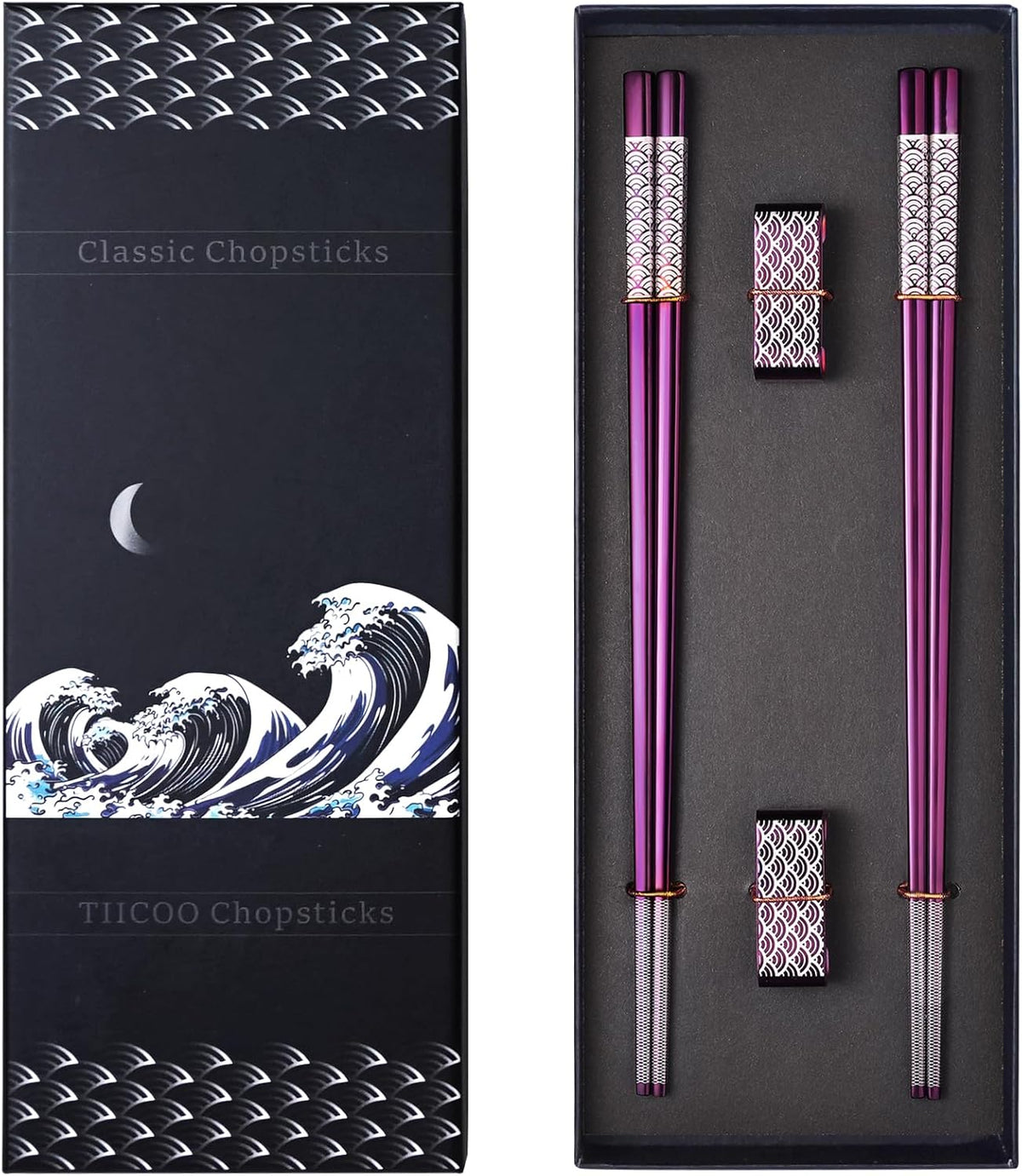 Metal Chopsticks Reusable 2 Pairs Titanium Stainless Steel 18/8 Chopsticks with Holder, Dishwasher Safe Lightweight Japanese Style Chopsticks Gift Set (Purple)
