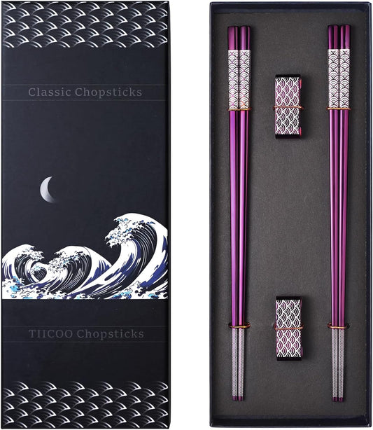 Metal Chopsticks Reusable 2 Pairs Titanium Stainless Steel 18/8 Chopsticks with Holder, Dishwasher Safe Lightweight Japanese Style Chopsticks Gift Set (Purple)