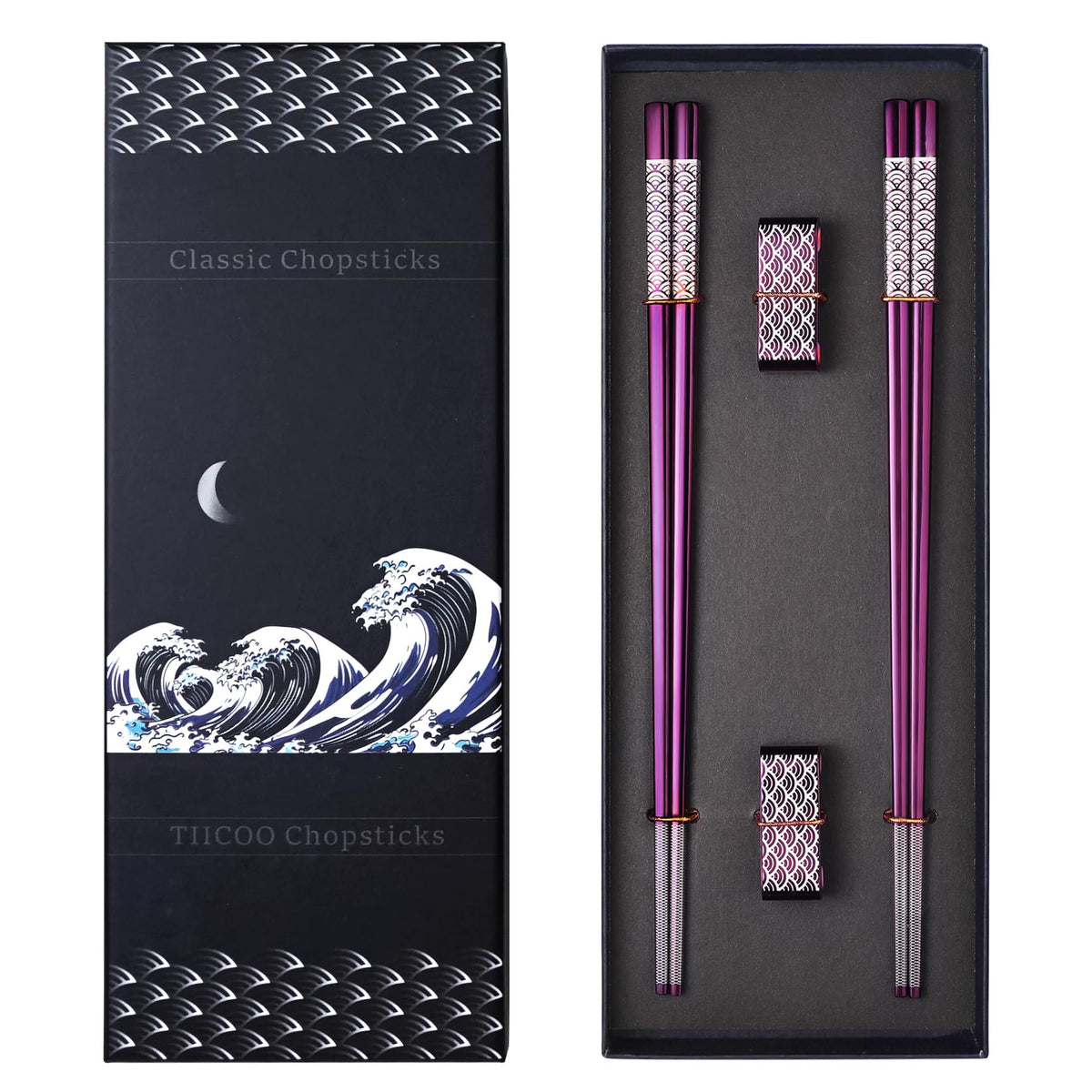 Metal Chopsticks Reusable 2 Pairs Titanium Stainless Steel 18/8 Chopsticks with Holder, Dishwasher Safe Lightweight Japanese Style Chopsticks Gift Set (Purple)