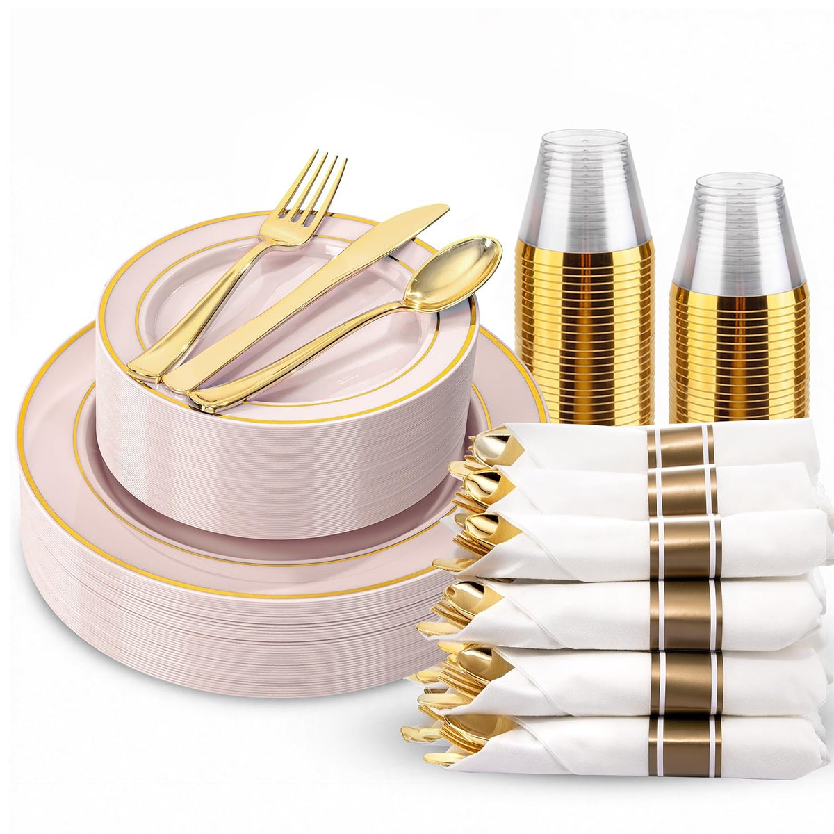 WDF Partyware 350Piece Gold Dinnerware Set for 50 Guests - Gold Plastic Plates with Disposable Cutlery - 50Dinner Plates-50Dessert Plates-50Pre Rolled Napkins with Silverware for Wedding/Birthday