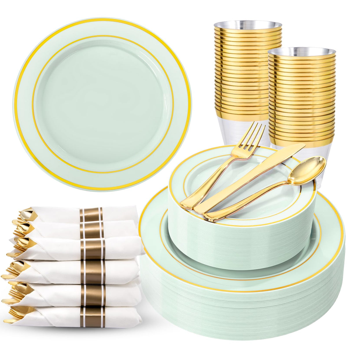 WDF Partyware 350Piece Gold Dinnerware Set for 50 Guests - Gold Plastic Plates with Disposable Cutlery - 50Dinner Plates-50Dessert Plates-50Pre Rolled Napkins with Silverware for Wedding/Birthday
