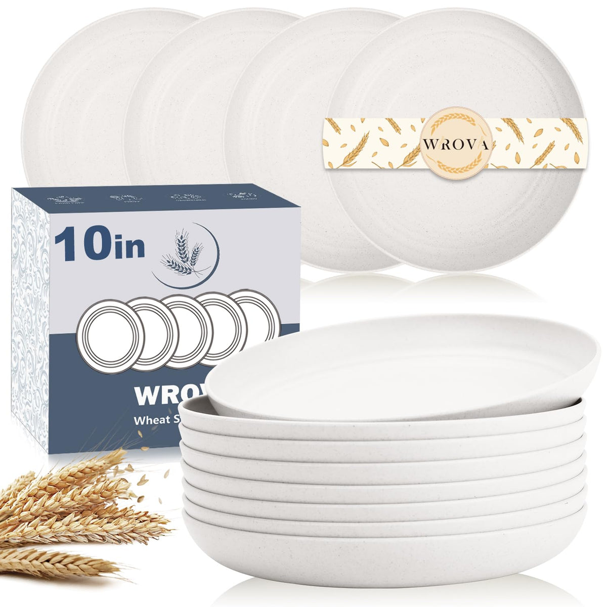 Wrova Large Wheat Straw Dinner Plates - 11 Inch Unbreakable Set of 8 - Dishwasher & Microwave Safe, Deep Edge for Kitchen and Camping (Black)