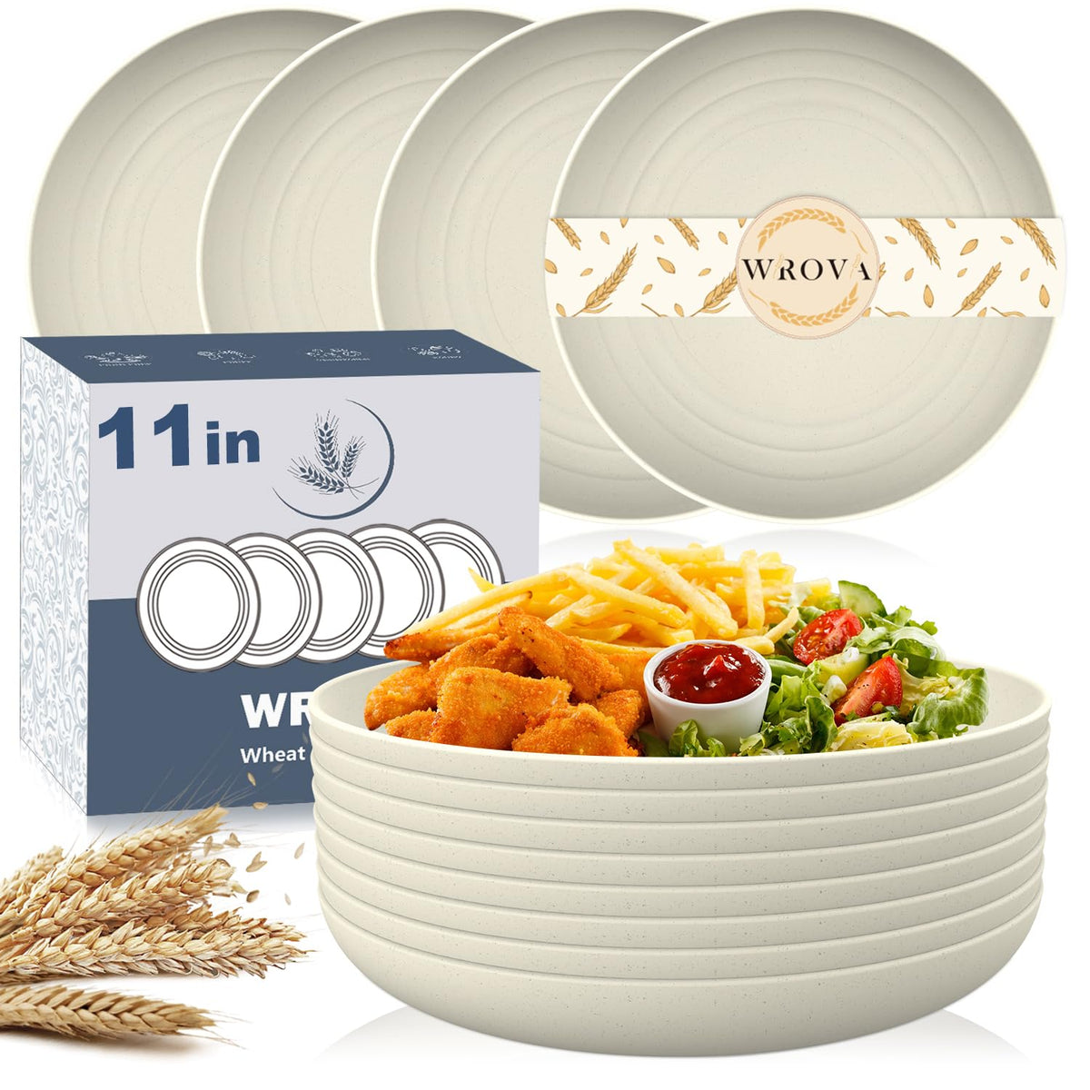 Wrova Large Wheat Straw Dinner Plates - 11 Inch Unbreakable Set of 8 - Dishwasher & Microwave Safe, Deep Edge for Kitchen and Camping (Black)