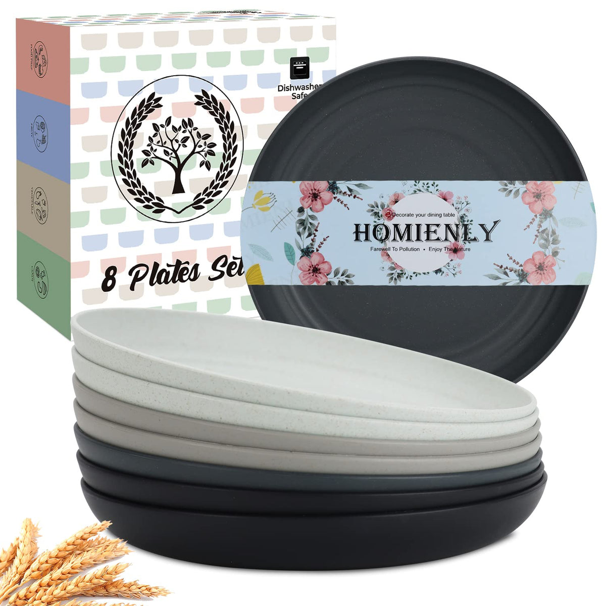 Homienly Deep Dinner Plates Set of 8 Alternative for Plastic Plates Microwave and Dishwasher Safe Wheat Straw Plates for Kitchen Unbreakable Kids Plate Set with 4 Colors (Classic Bright, 9 inch)