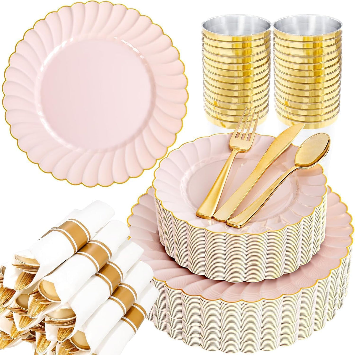 YOUBET 350PCS Ivory Scalloped Plastic Plates for Wedding Party