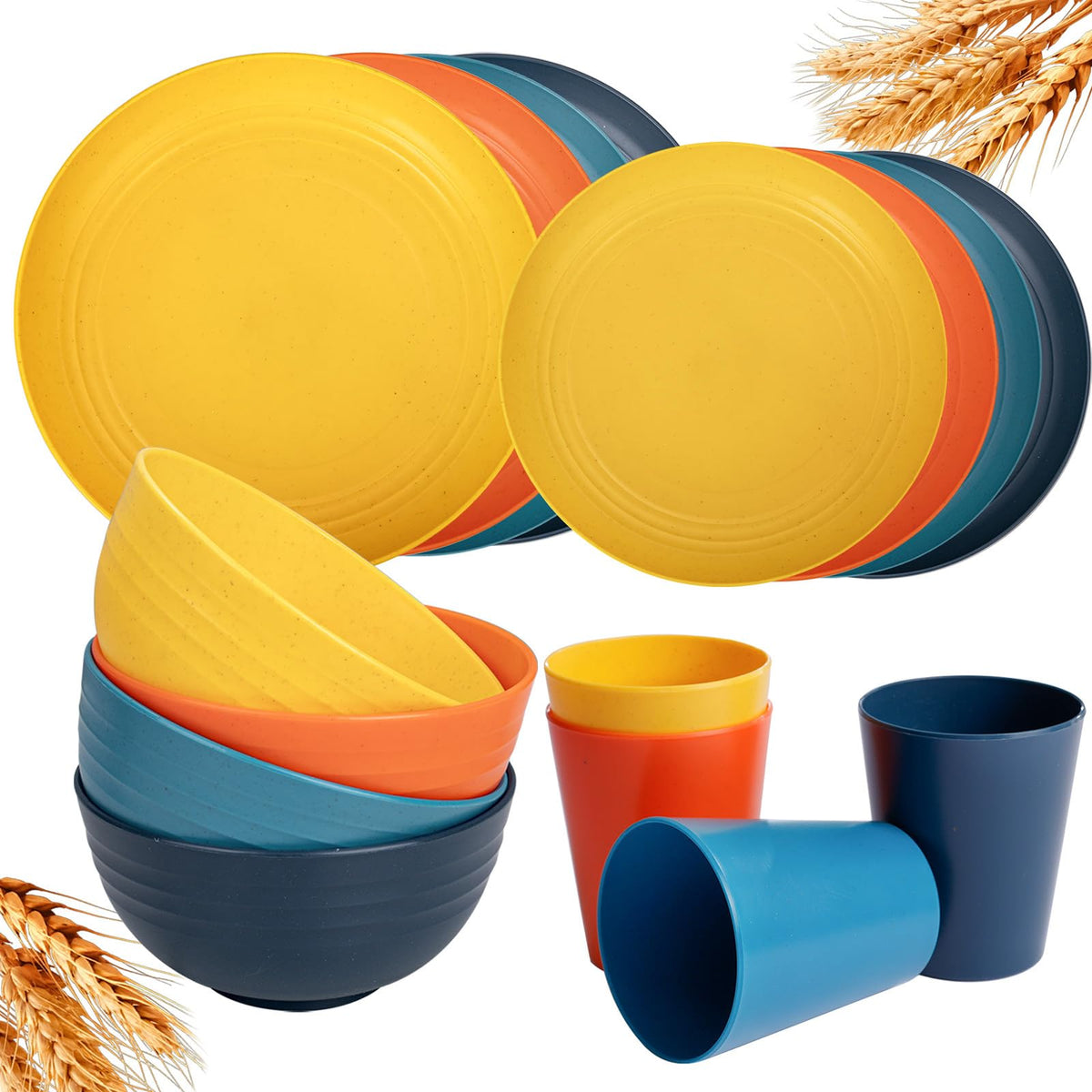 Rubtlamp Wheat Straw Dinnerware Sets, 16PCS Plastic Dinnerware Set for 4, Wheat Straw Plates and Bowls Sets, Unbreakable Dinnerware Plastic Microwave Safe Dishes Set for Kitchen&Camping