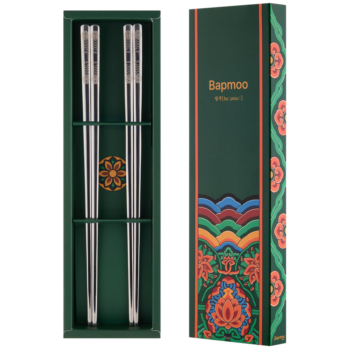 Korean Matte Silver Stainless Steel Chopsticks, 2 Pairs, Dancheong Engraved