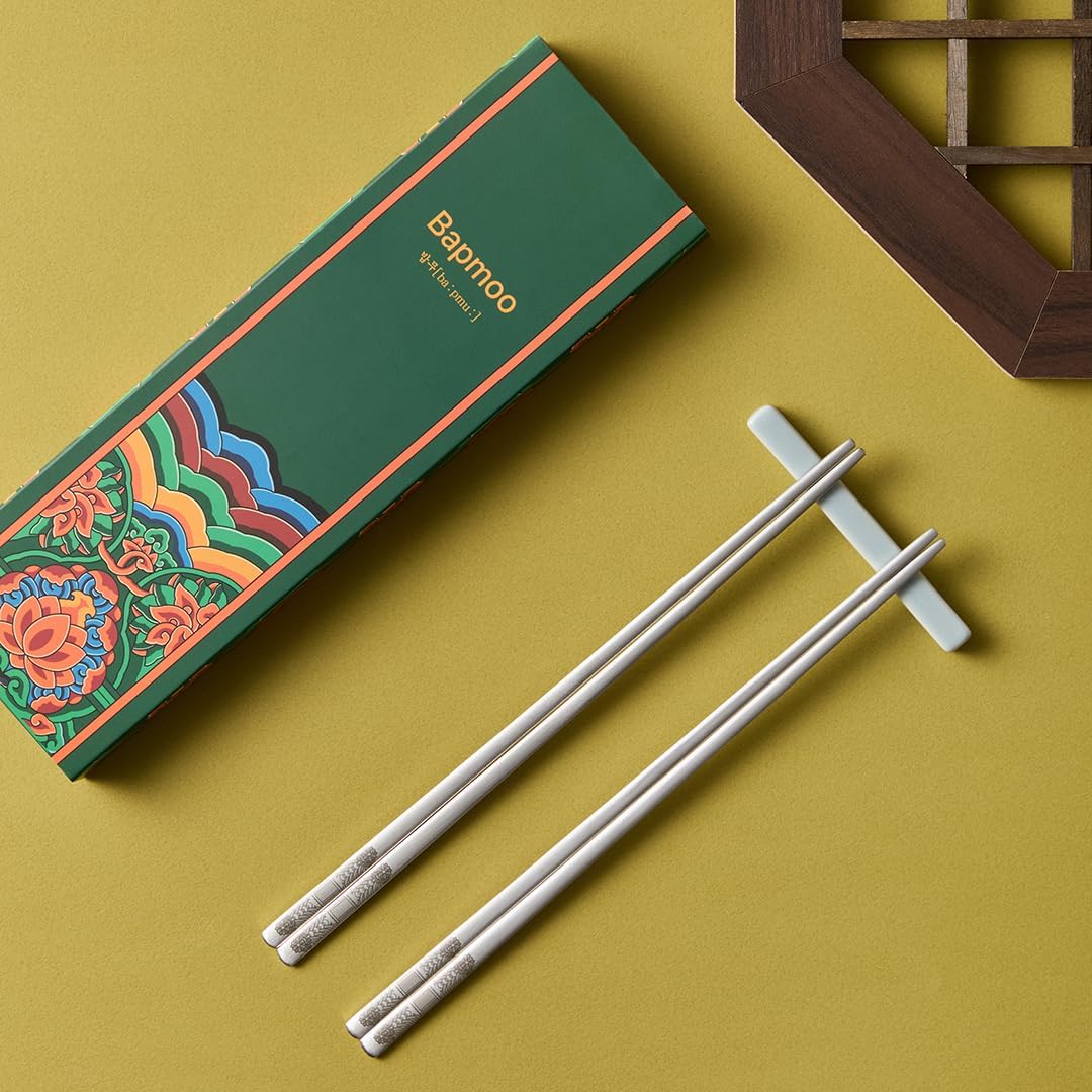 Korean Matte Silver Stainless Steel Chopsticks, 2 Pairs, Dancheong Engraved