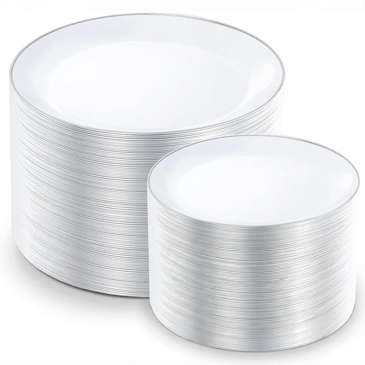 KIRE 100PCS White Plates with Gold Trim - Plastic Disposable Plates - Includes 50Pieces 10.25inch Dinner and 50Pieces 7.5inch Dessert/Salad Plastic Plate for Wedding Receptions/Party/Thanksgiving