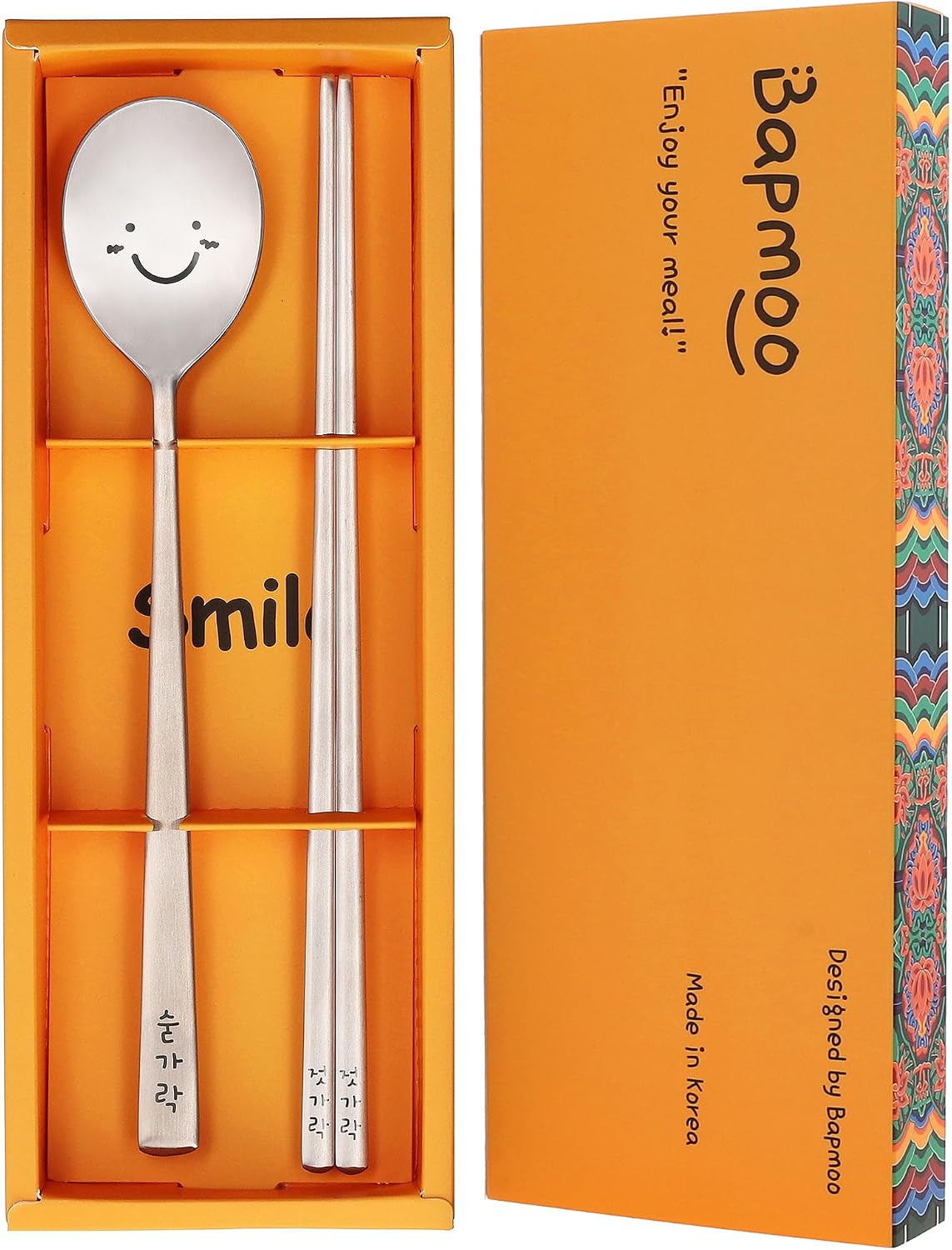 Korean Smile Spoon and Chopsticks Set, Stainless Steel, Hangul Engraved