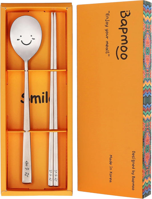 Korean Smile Spoon and Chopsticks Set, Stainless Steel, Hangul Engraved