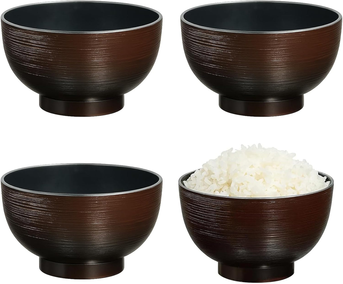 Japanese Soup Bowls Made in Japan, 4-Pack – Traditional Miso & Rice Bowls, Microwave & Dishwasher Safe, BPA-Free Resin, Brown Rabbit