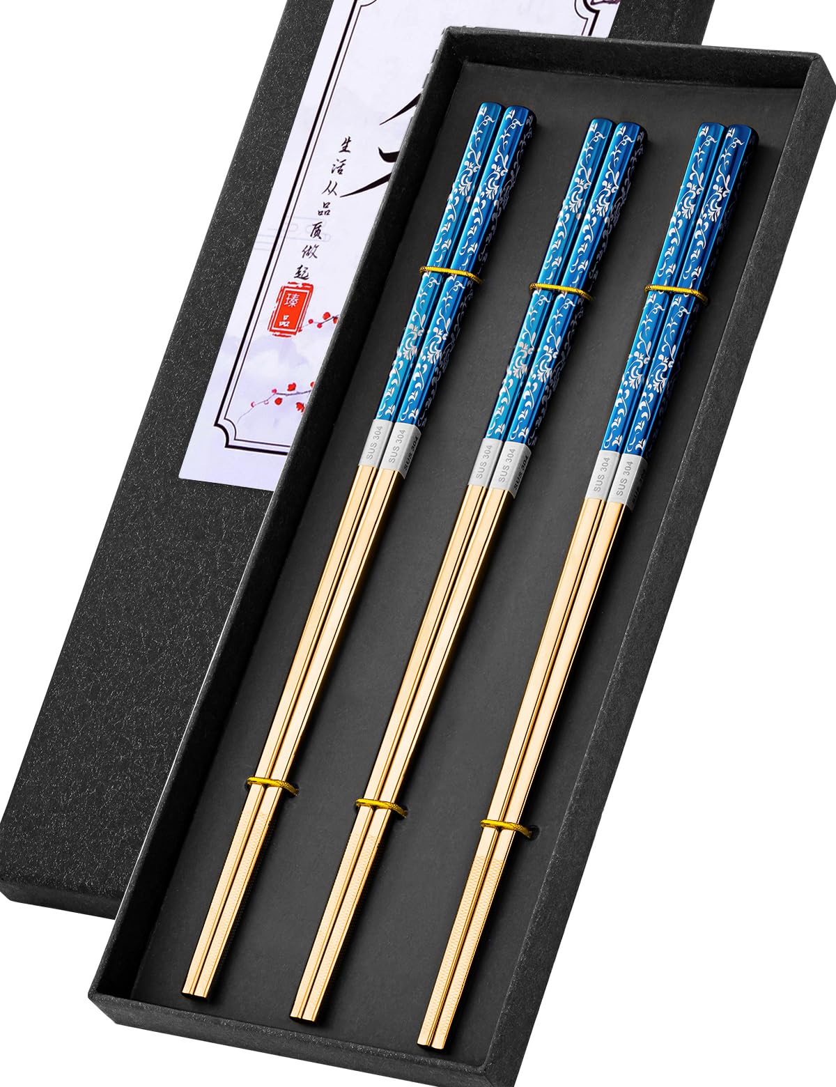 Metal Chopsticks Reusable 18/8 Stainless Steel Sleek Engraving Patterns Chop Sticks Reusable Dishwasher Safe Non-Slip Chopsticks+Flower Silver 5 Pairs