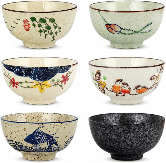 clothmile 4.5 Inch Japanese Retro Rice Bowls Set of 6 Japanese Style Hand-Painted Floral Plum Ceramic Bowls for Cereal, Soup, Dessert, Snack, Fruit, Salsa for Xmas Holiday Present