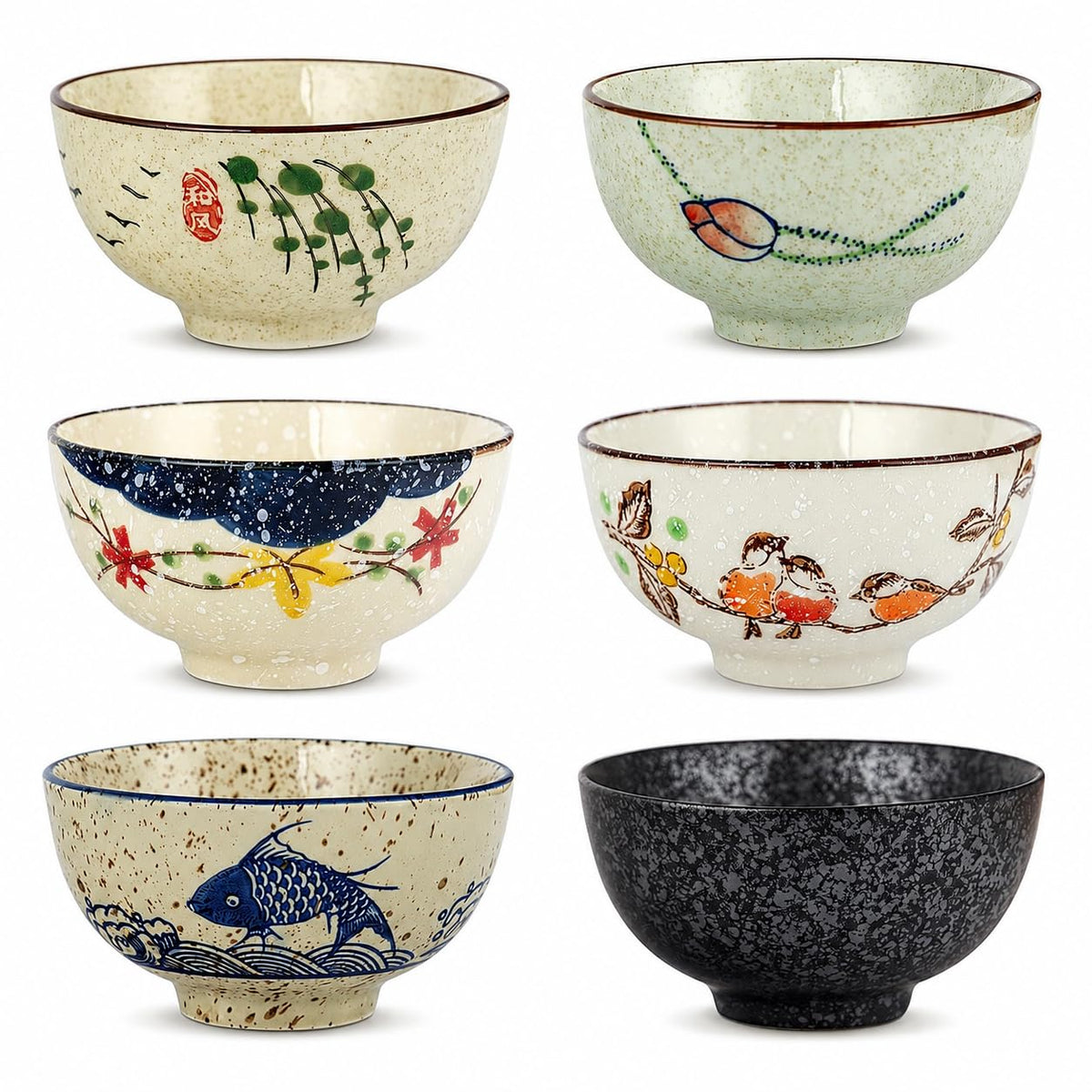 clothmile 4.5 Inch Japanese Retro Rice Bowls Set of 6 Japanese Style Hand-Painted Floral Plum Ceramic Bowls for Cereal, Soup, Dessert, Snack, Fruit, Salsa for Xmas Holiday Present