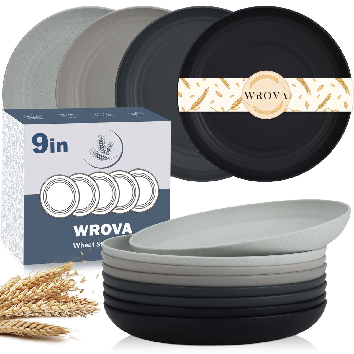 Wrova Large Wheat Straw Dinner Plates - 11 Inch Unbreakable Set of 8 - Dishwasher & Microwave Safe, Deep Edge for Kitchen and Camping (Black)