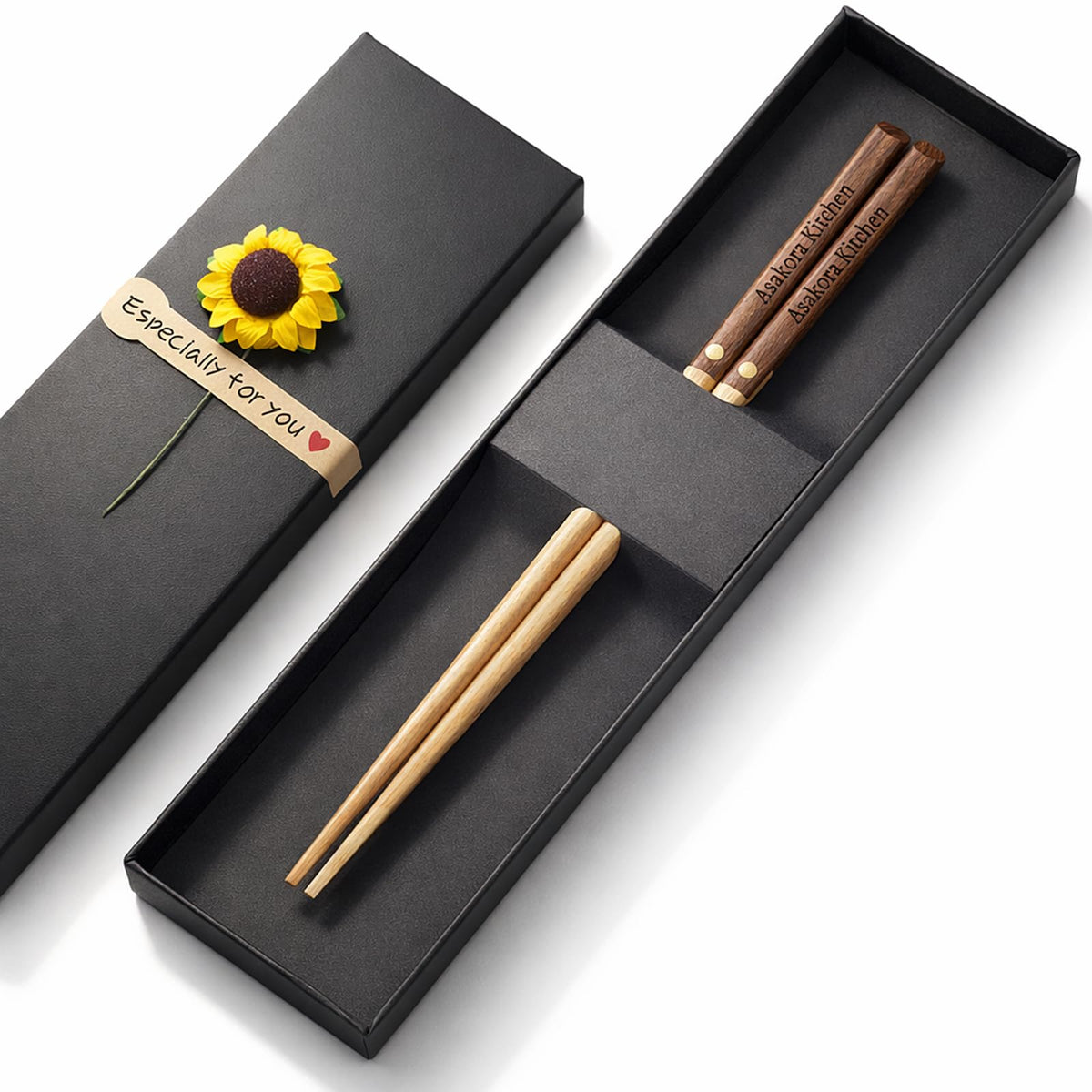 Custom Wooden Chopsticks, Engraved With Personalized Names, Japanese-Inspired Two-Tone Walnut & Beech Wood Chop Sticks Set for Asian-Themed Weddings, Housewarmings, Birthday Party Favors and Gifts