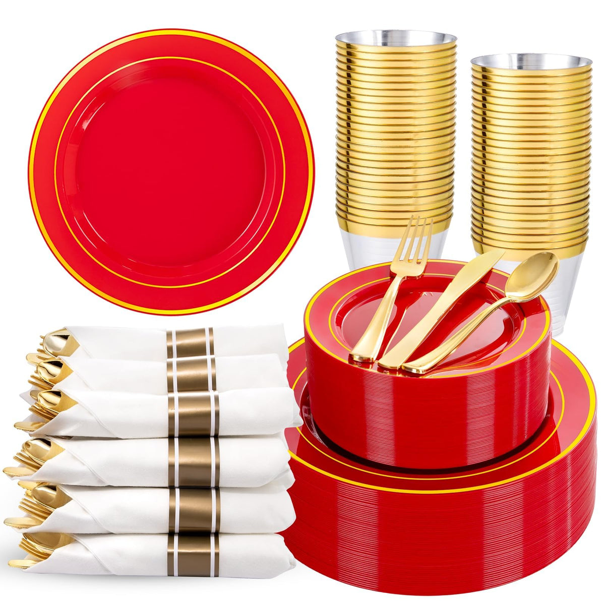 WDF Partyware 350Piece Gold Dinnerware Set for 50 Guests - Gold Plastic Plates with Disposable Cutlery - 50Dinner Plates-50Dessert Plates-50Pre Rolled Napkins with Silverware for Wedding/Birthday