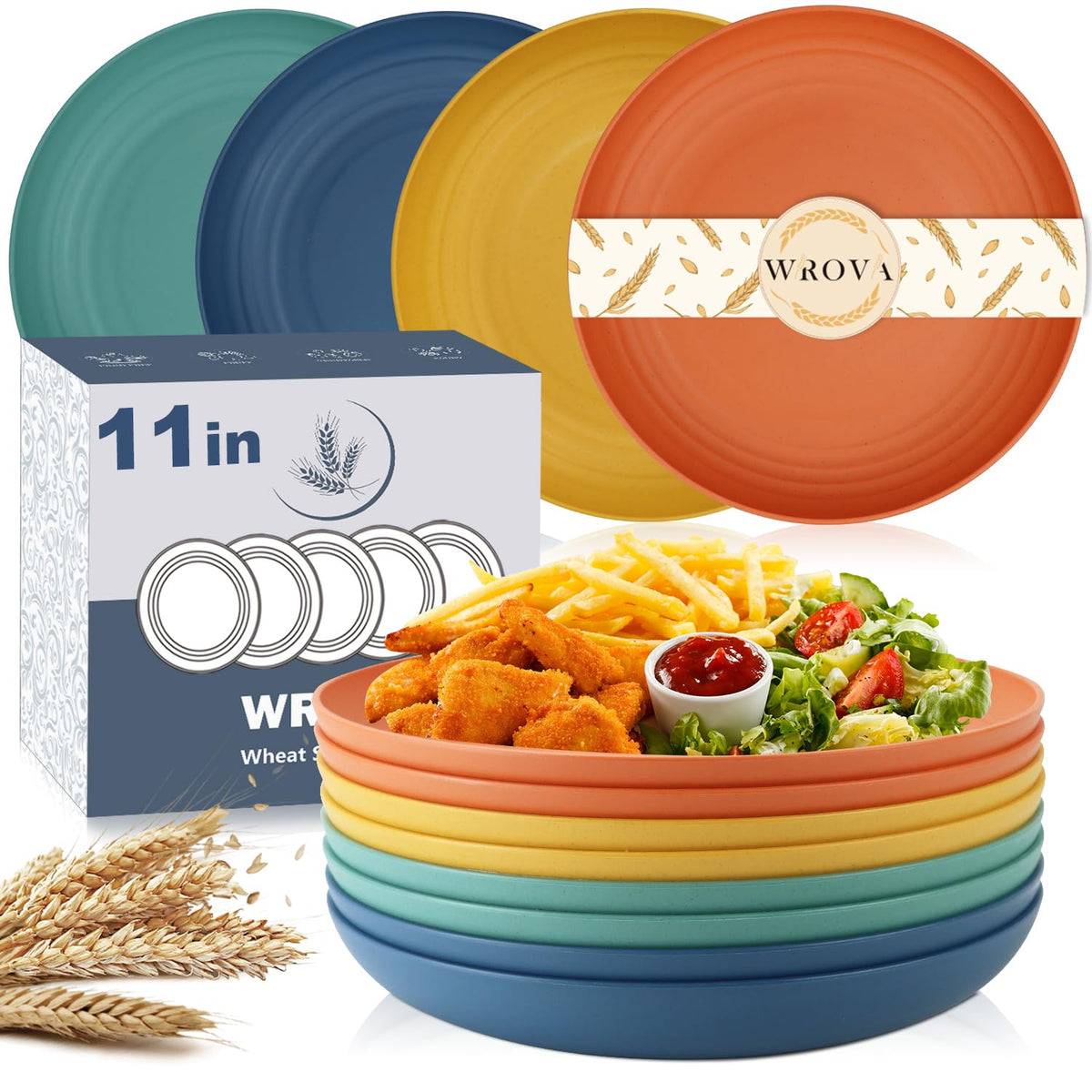 Wrova Large Wheat Straw Dinner Plates - 11 Inch Unbreakable Set of 8 - Dishwasher & Microwave Safe, Deep Edge for Kitchen and Camping (Black)