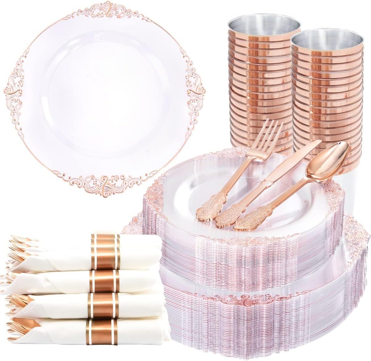 Nervure 350Pcs Gold Plastic Plates, Disposable Dinnerware Set for 50 Guests