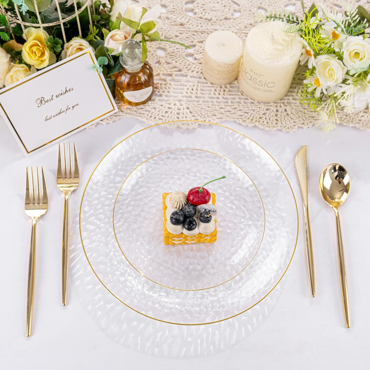 Rubtlamp 100Pcs Clear Gold Plastic Plates, Disposable Plates With Gold Rim, Heavy-duty Party Platos, Hammered Plastic Plates Include 50 Clear Dessert Plates, 50 Dinner Plates for Party
