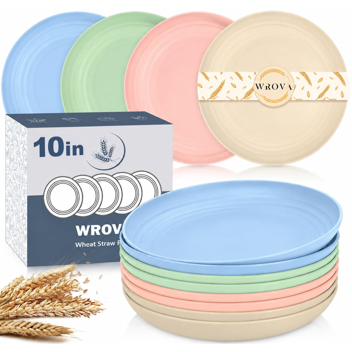 Wrova Large Wheat Straw Dinner Plates - 11 Inch Unbreakable Set of 8 - Dishwasher & Microwave Safe, Deep Edge for Kitchen and Camping (Black)