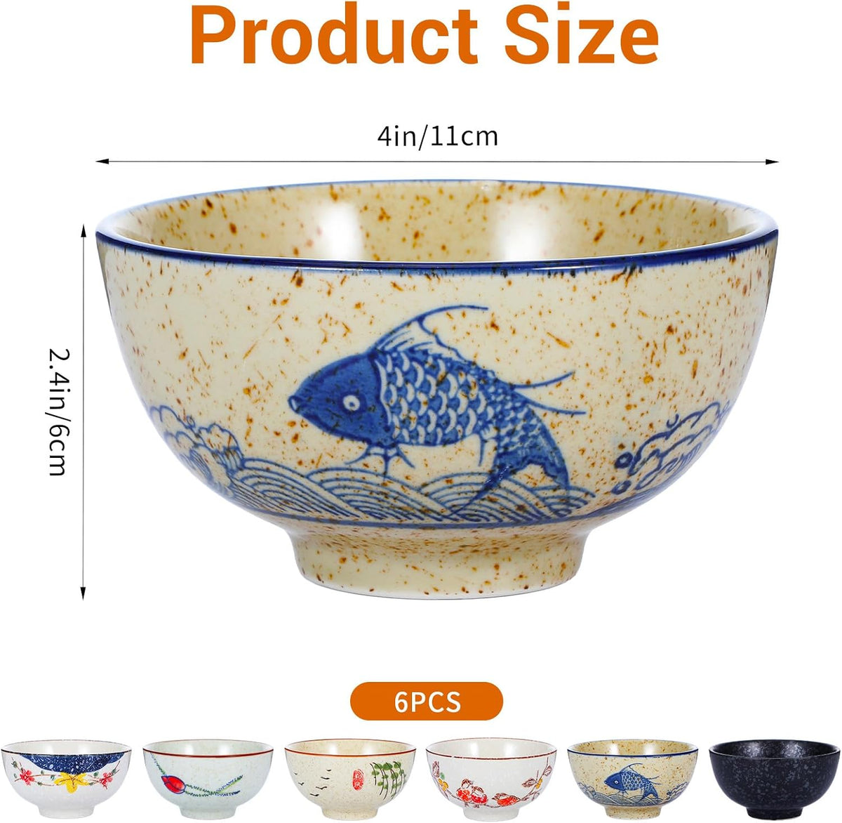 Retro Ceramic Bowls Set for 6, 4.5 Inch Japanese Chinese Bowl Small Hand-Painted Floral Plum Ceramic Bowls for Soup Rice Cereal Dessert Snack Fruit Salad Noodles, Dishwasher Microwave Safe