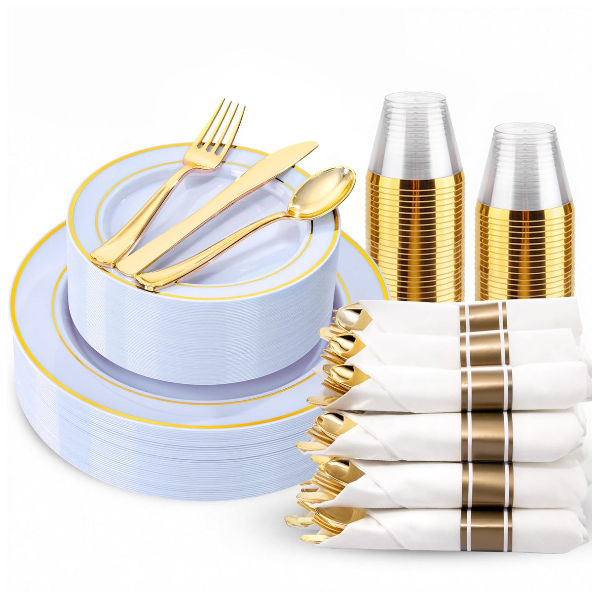 WDF Partyware 350Piece Gold Dinnerware Set for 50 Guests - Gold Plastic Plates with Disposable Cutlery - 50Dinner Plates-50Dessert Plates-50Pre Rolled Napkins with Silverware for Wedding/Birthday