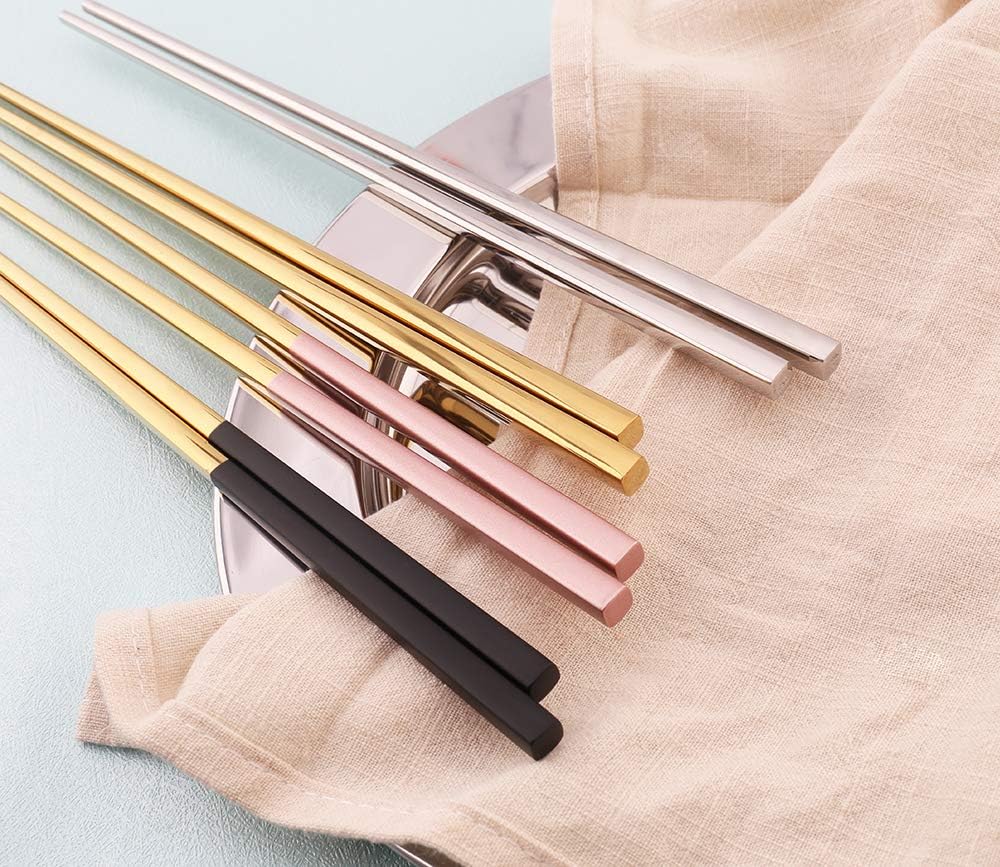 5 Pairs Fashionable and exquisite Korean stainless steel chopsticks 8 colors (Black+Gold)