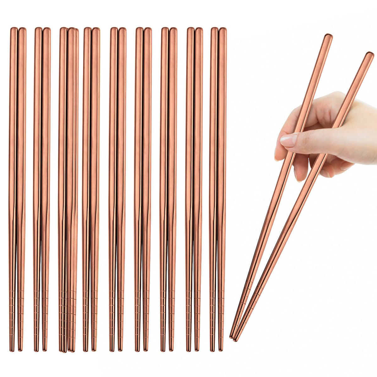 10 Pairs Rose Gold Chopsticks Set Stainless Steel 304 Reusable Non-slip Line Design Metal Chop Sticks for Cooking and Eating Kitchen Utensils Dishwasher Safe Tableware Gift Set