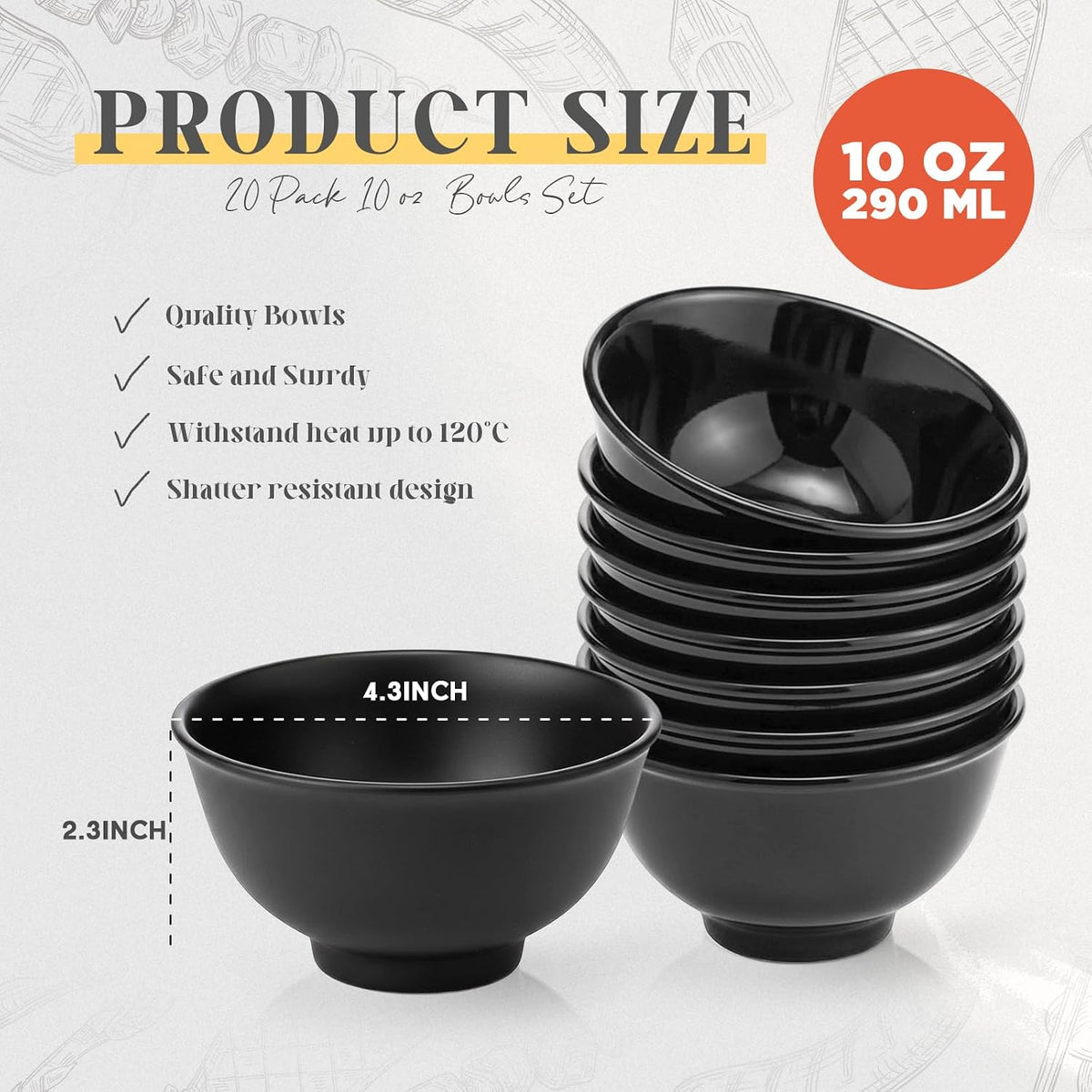 Tioncy 20 Pack 10 oz Melamine Bowls Black Round for Dessert Soup Cereal