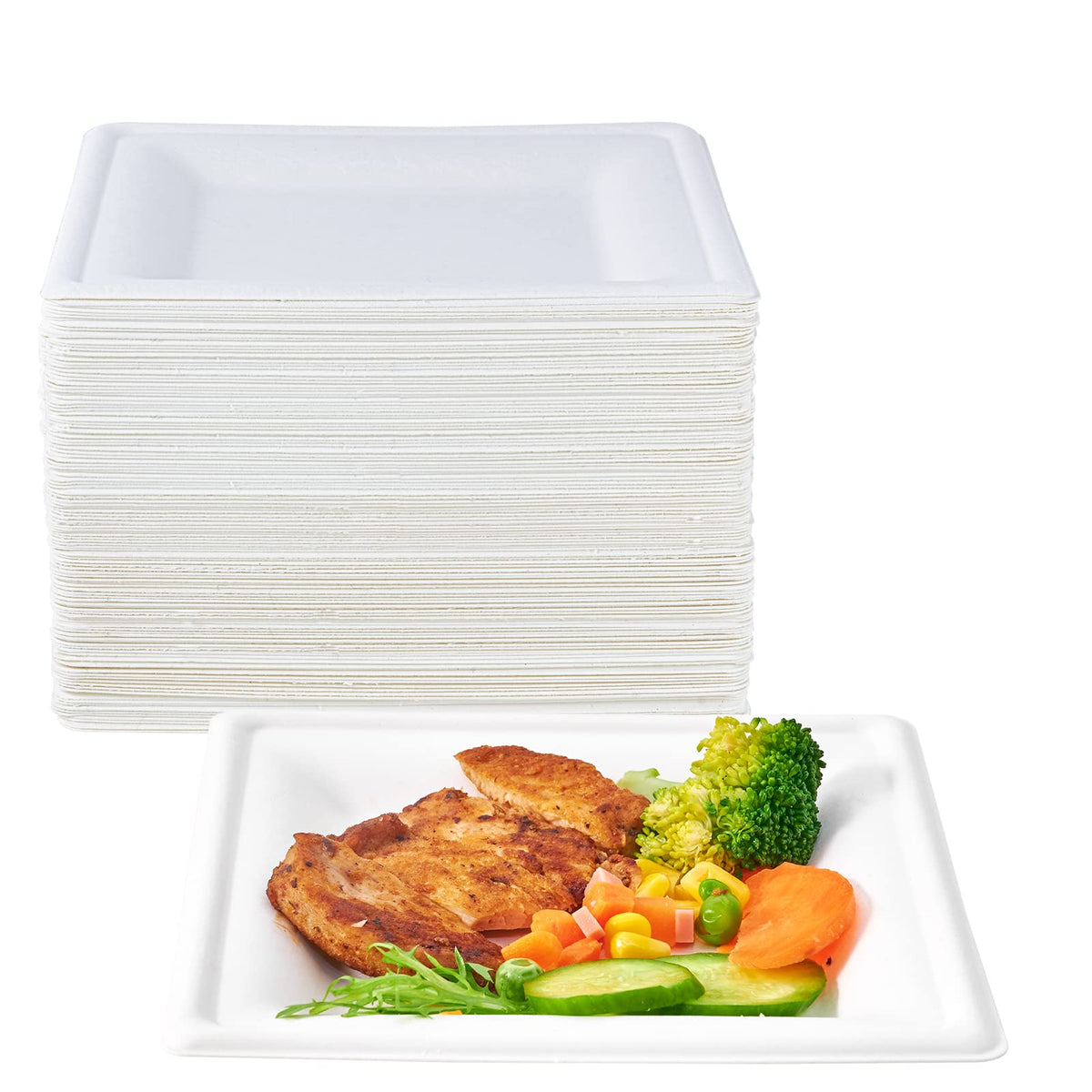 ECOLipak 150 Piecs Compostable Square Paper Plates, 8 inch, White