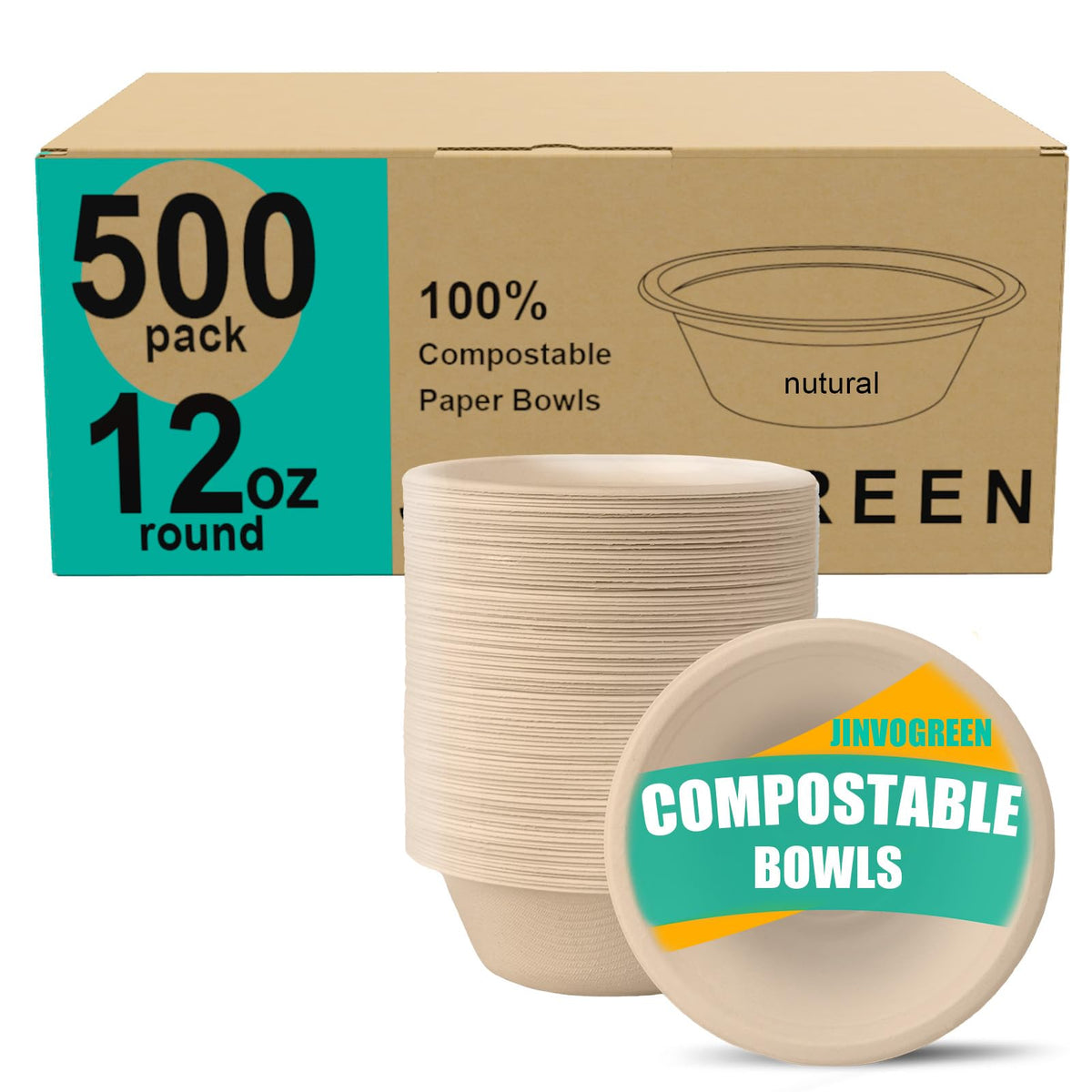 JINVOGREEN Paper Bowls, 500 Count 12 oz Compostable Paper Bowls Bulk, White