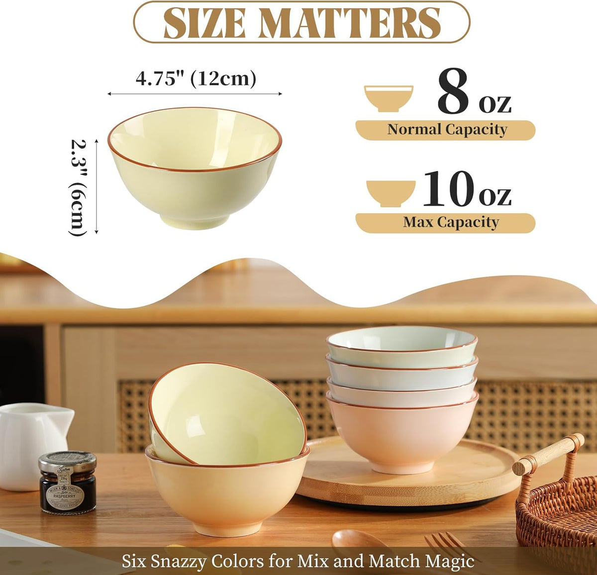 Ceramic Dessert Bowl Set of 6 - Small Porcelain Bowls for Rice, Snack, Ice Cream - Microwave and Dishwasher Safe - Assorted Candy Hue - 4.7 Inch - 10 OZ