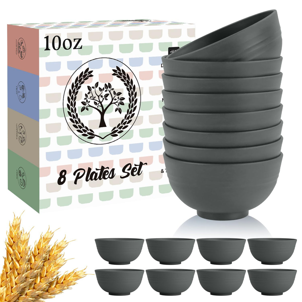 Homienly Wheat Straw Small Bowl Set of 8, Unbreakable Dessert Bowl - 10 OZ, Wheat Straw Mini Bowls for Kitchen, Kids, Microwave and Dishwasher Safe Bowls for Snack, Appetizer, Ice Cream (Black)
