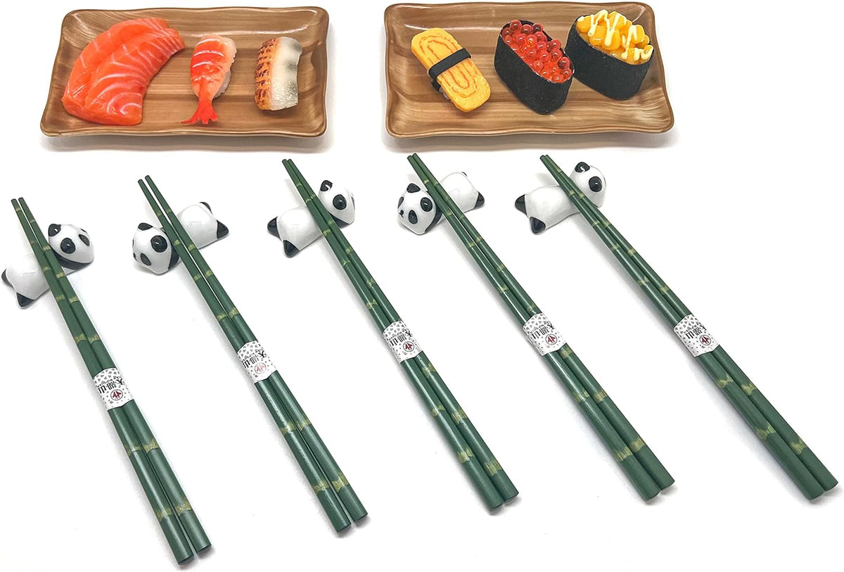 Wooden Chopsticks Reusable 5 Pairs Gift Set with 5pcs porcelain rest Panda and Green Bamboo Design Hand-Made 8.8 Inch/22.5cm