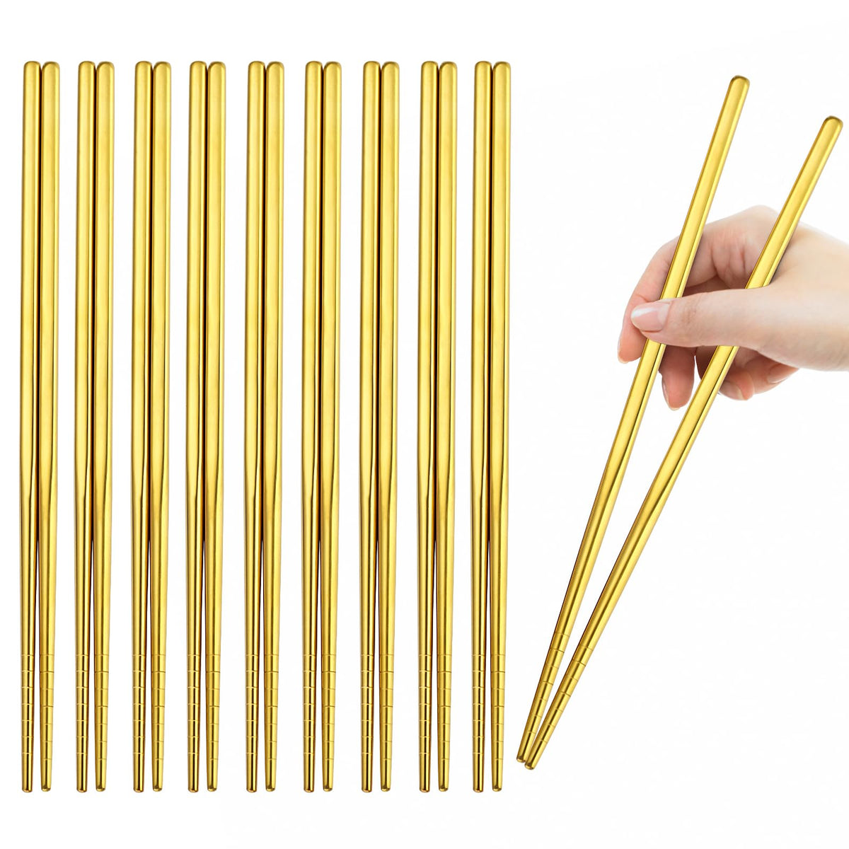 10 Pairs Rose Gold Chopsticks Set Stainless Steel 304 Reusable Non-slip Line Design Metal Chop Sticks for Cooking and Eating Kitchen Utensils Dishwasher Safe Tableware Gift Set