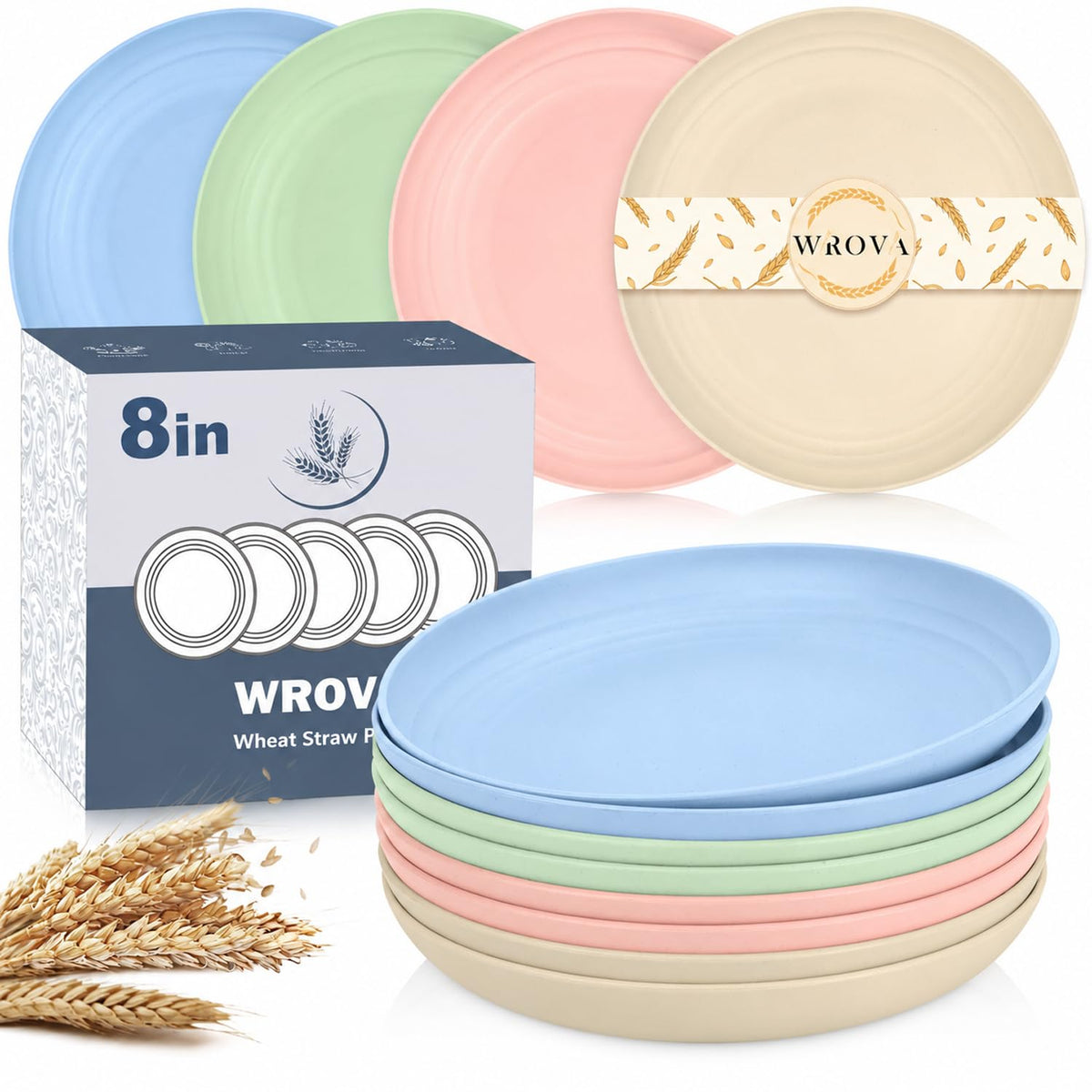 Wrova Large Wheat Straw Dinner Plates - 11 Inch Unbreakable Set of 8 - Dishwasher & Microwave Safe, Deep Edge for Kitchen and Camping (Black)