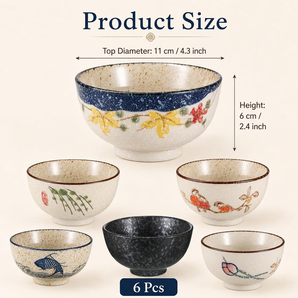 6 Pack Japanese Retro Rice Bowls Set