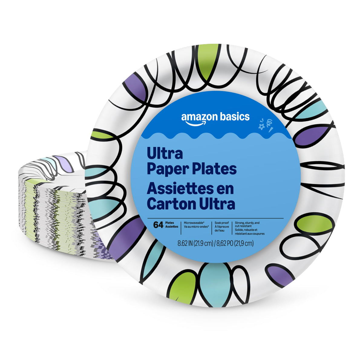 Amazon Basics Ultra Paper Plates, 8.62 Inch, Disposable, 120 Count, Packaging May Vary