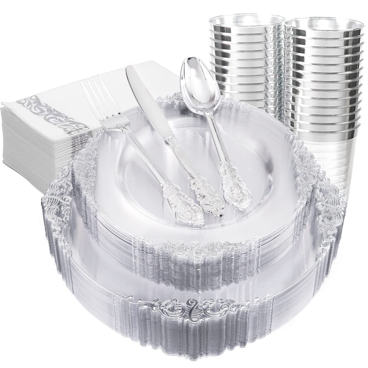 FLOWERCAT 200PCS Clear Plastic Plates Disposable Plates for Party - Clear Bulk Plastic Plates - 100 10" Dinner Plates and 100 7" Salad Plates for Weddings, New Year,Christmas Parties and Events