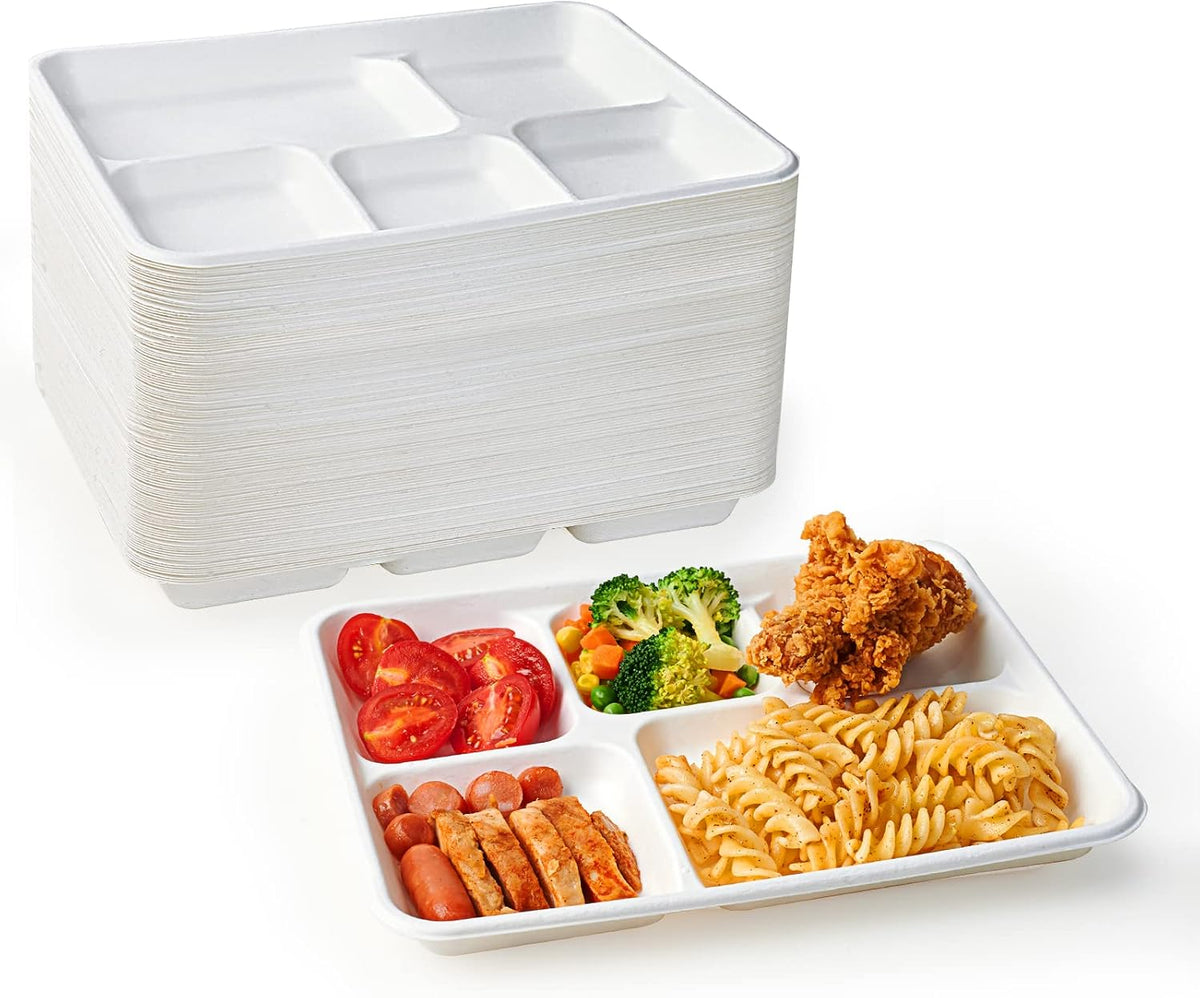 ECOLipak Compostable Disposable 5 Compartment Paper Plates, 10.25inch