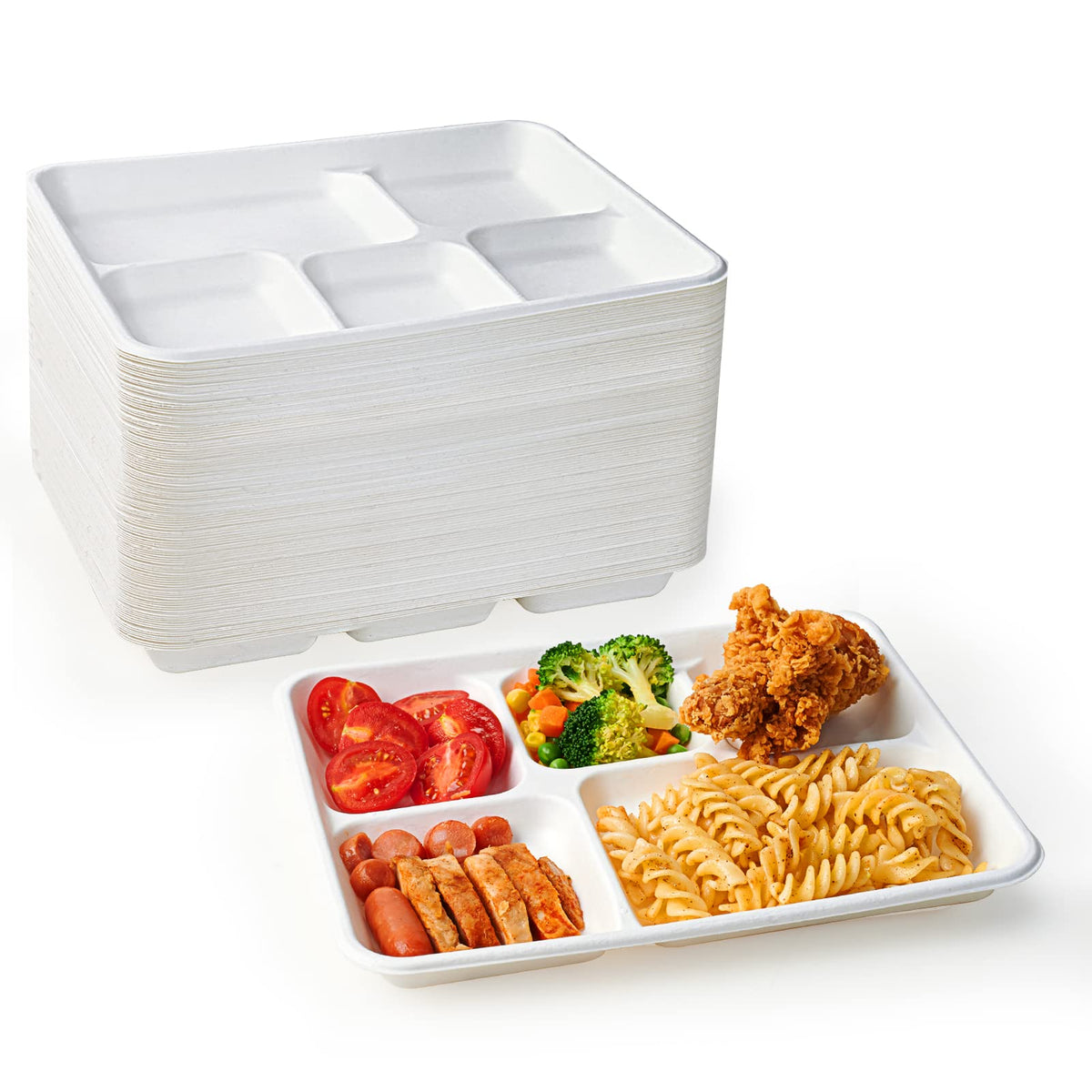 ECOLipak Compostable Disposable 5 Compartment Paper Plates, 10.25inch