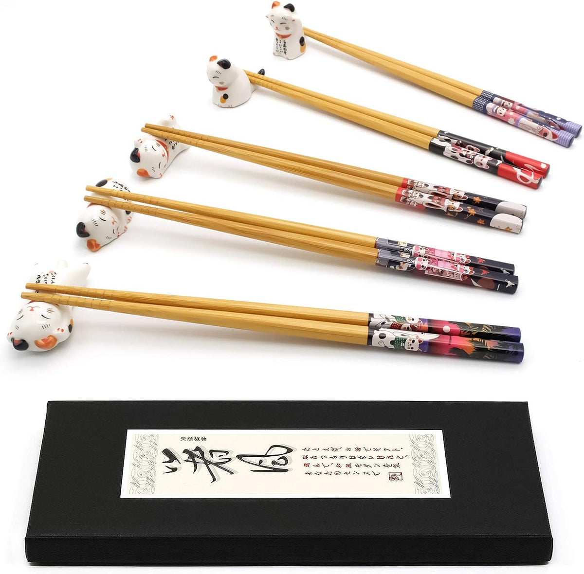 5-Pair Bamboo Chopsticks Set with Ceramic Cat Rest, Japanese-Style Gift Set