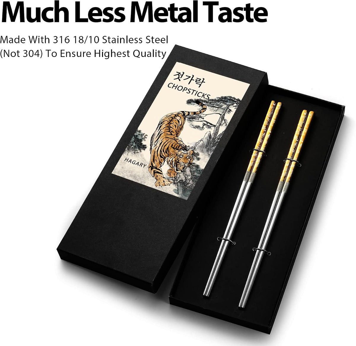 Hagary Tiger Chopsticks Metal Chopsticks Reusable (Gold - 2 Pairs)
