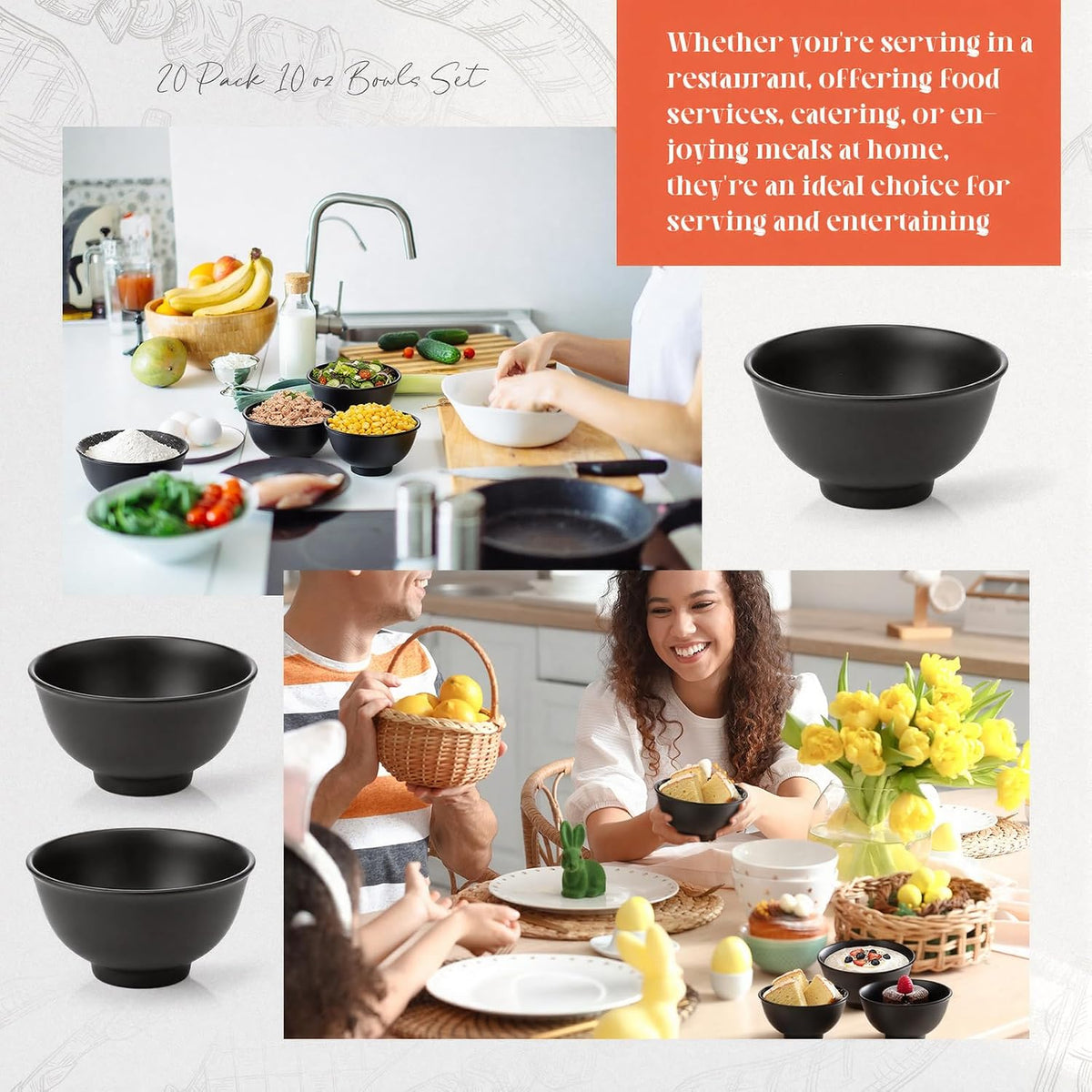 Tioncy 20 Pack 10 oz Melamine Bowls Black Round for Dessert Soup Cereal