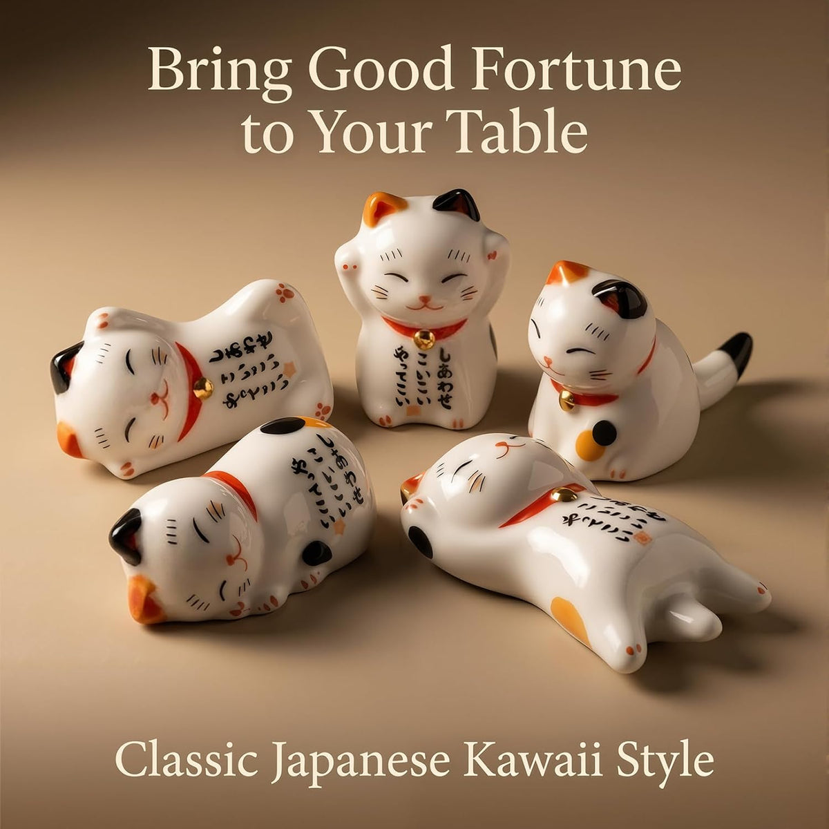 5-Pair Bamboo Chopsticks Set with Ceramic Cat Rest, Japanese-Style Gift Set
